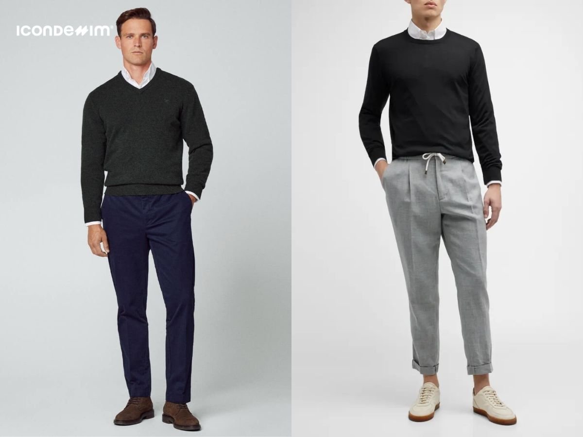 Phối tạo hiệu ứng layer với áo len tay dài và áo sơ mi