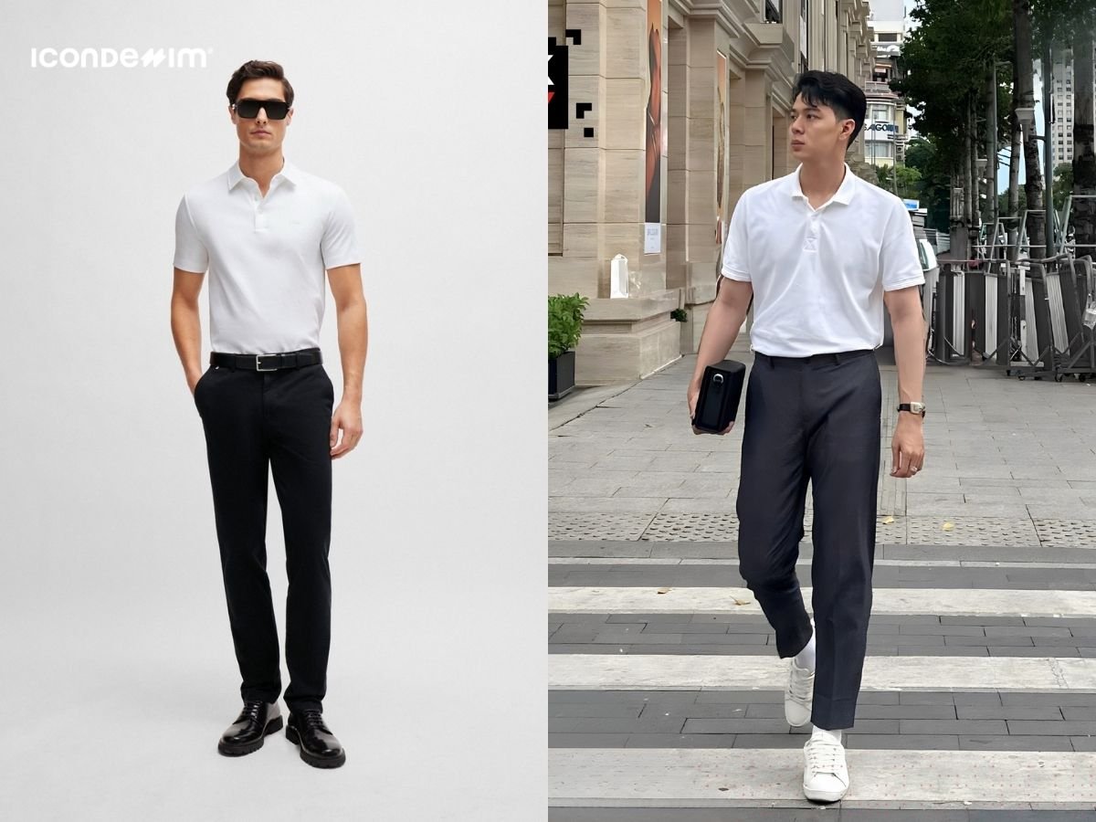 Phối áo polo trắng và quần tây