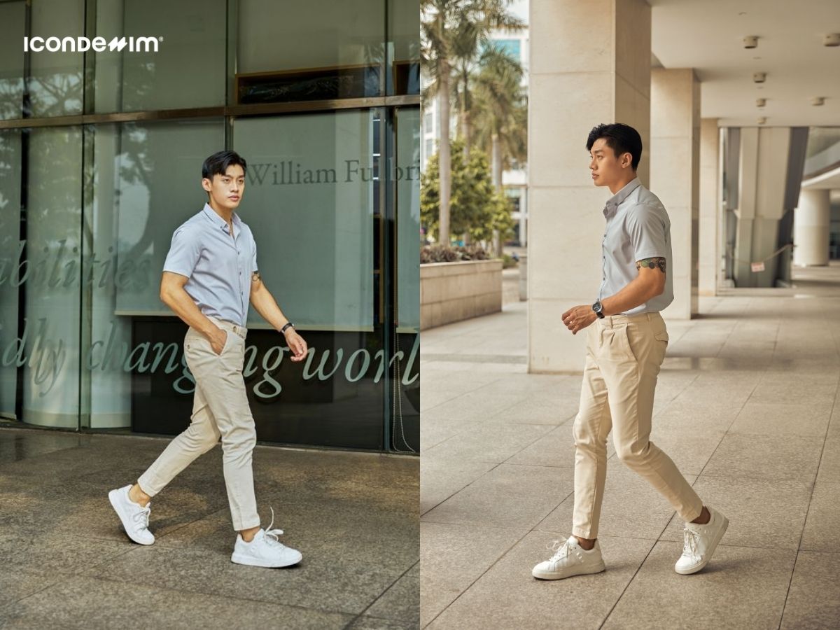 Áo sơ mi tay ngắn với quần kaki