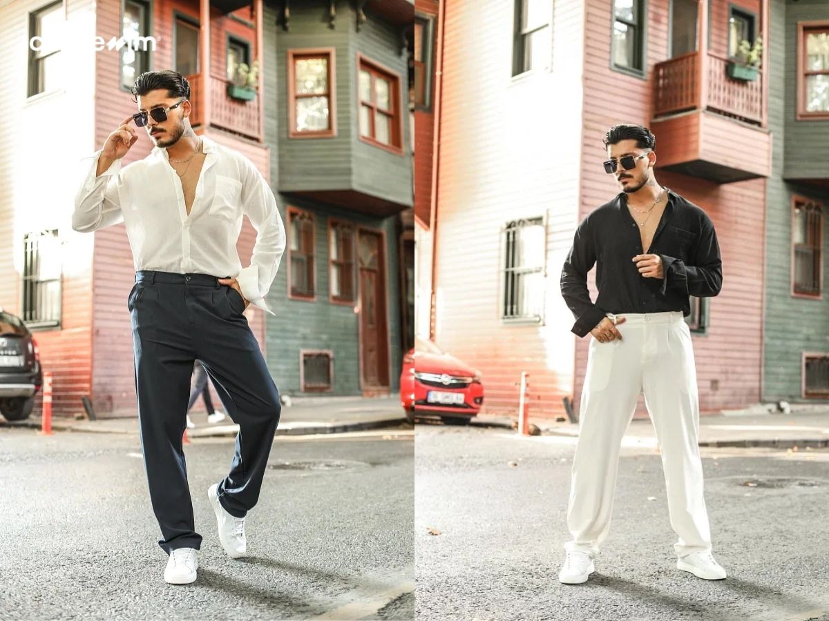Áo sơ mi trắng phối cùng quần tây baggy mang đến vẻ ngoài lịch lãm