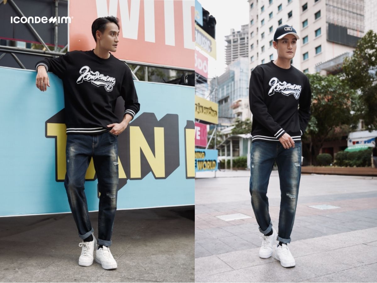 Phối áo sweater với quần jeans trẻ trung, thời trang