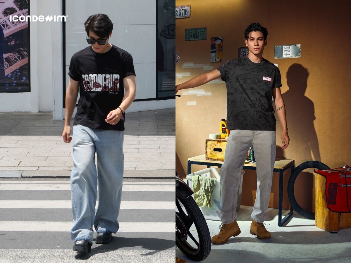 Phối áo thun họa tiết với quần jeans cực ấn tượng