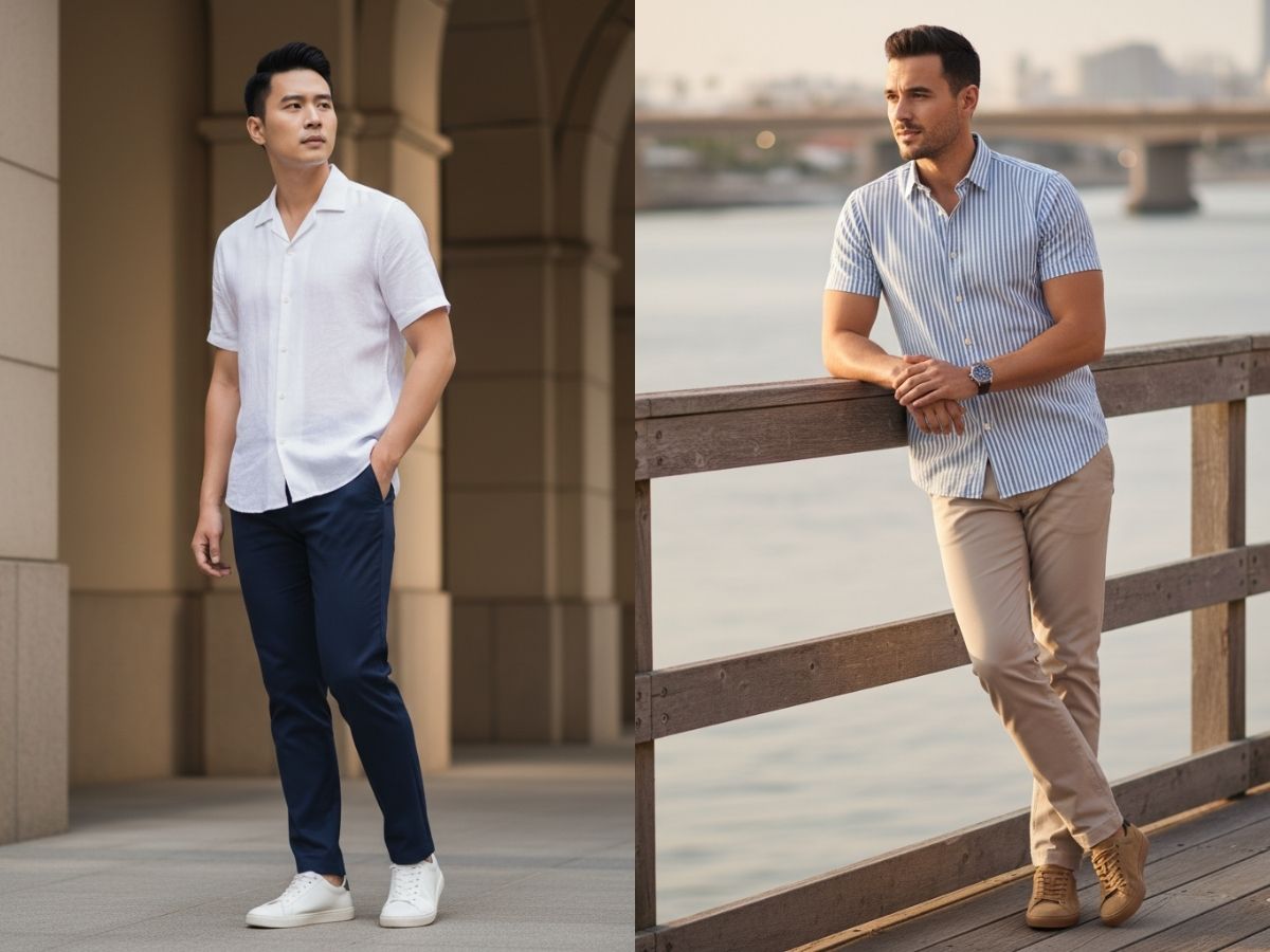 Phối đồ đám cưới với áo sơ mi tay ngắn và quần dài