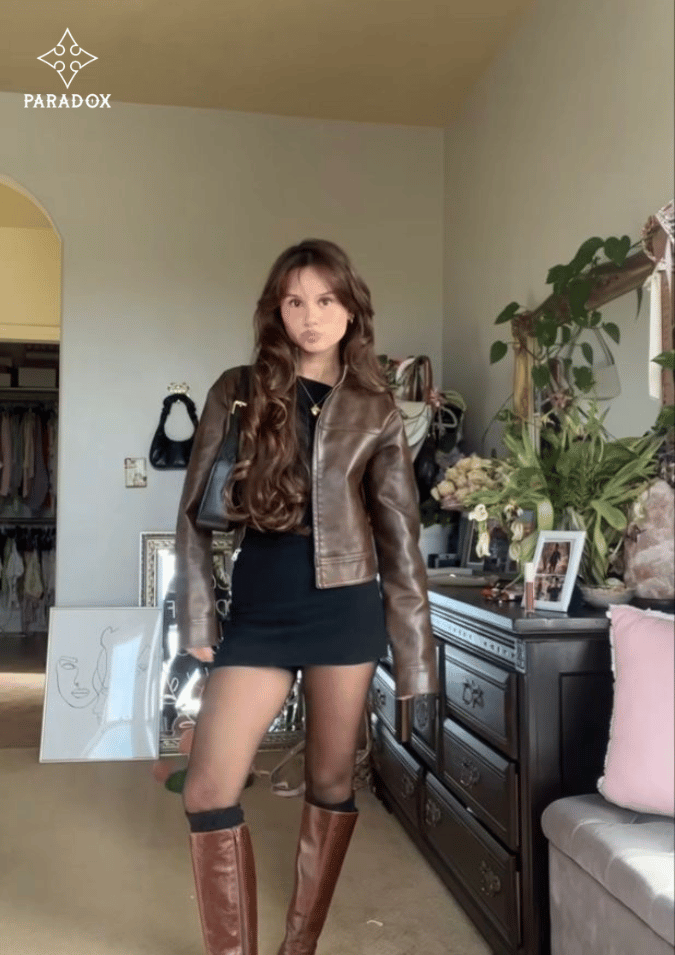 Phối đồ với áo khoác da nữ - chân váy chữ A