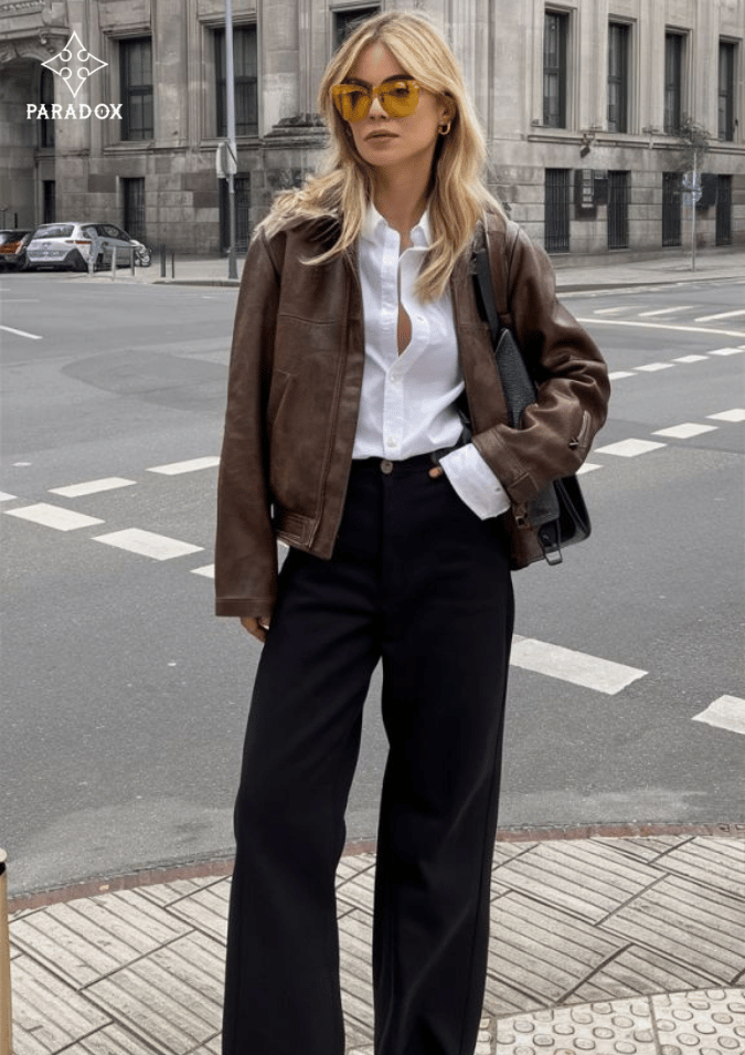 Phối đồ với áo khoác da nữ layer áo sơ mi