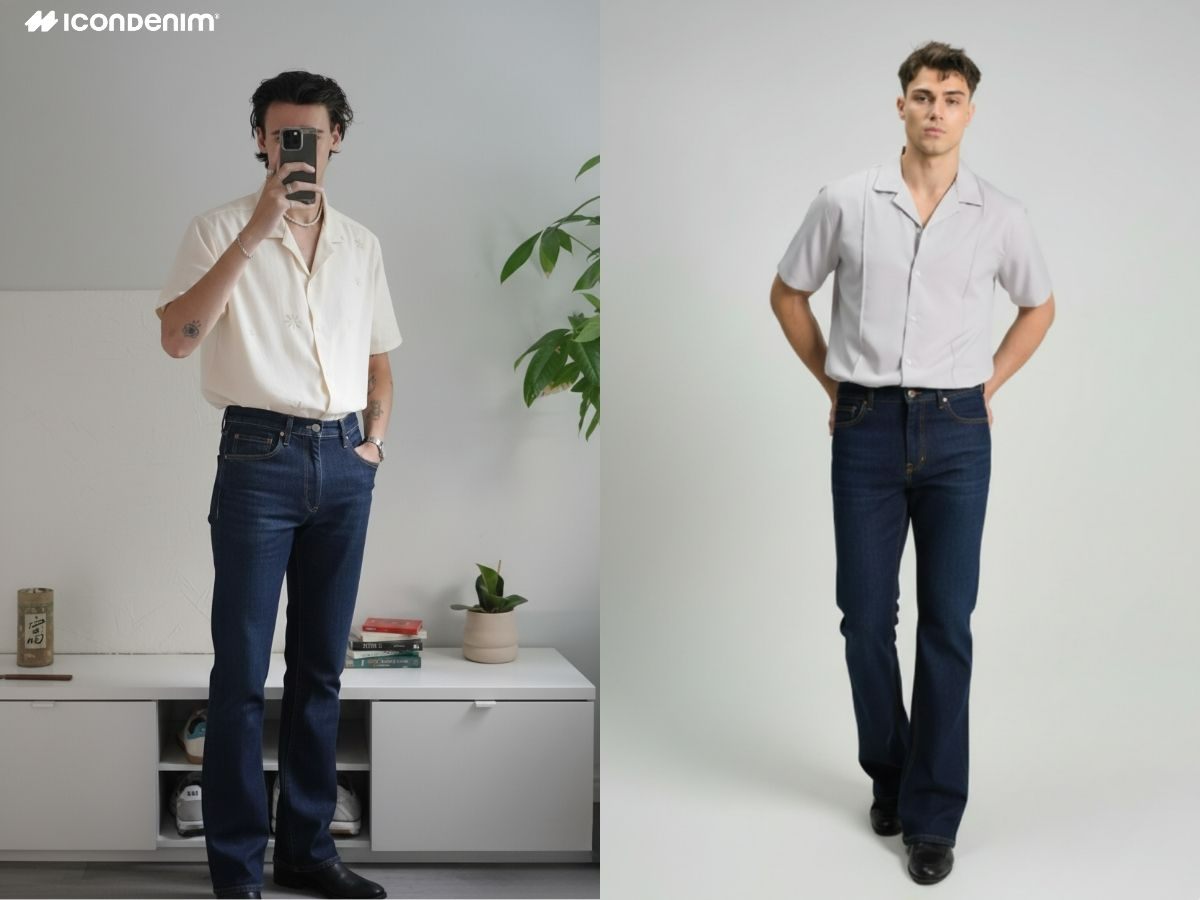 Phối quần jeans ống loe nam với áo sơ mi Cuban