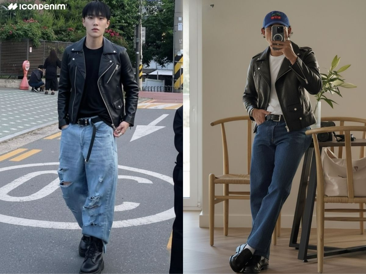 Outfit quần jeans ống loe nam với áo khoác da và T-shirt