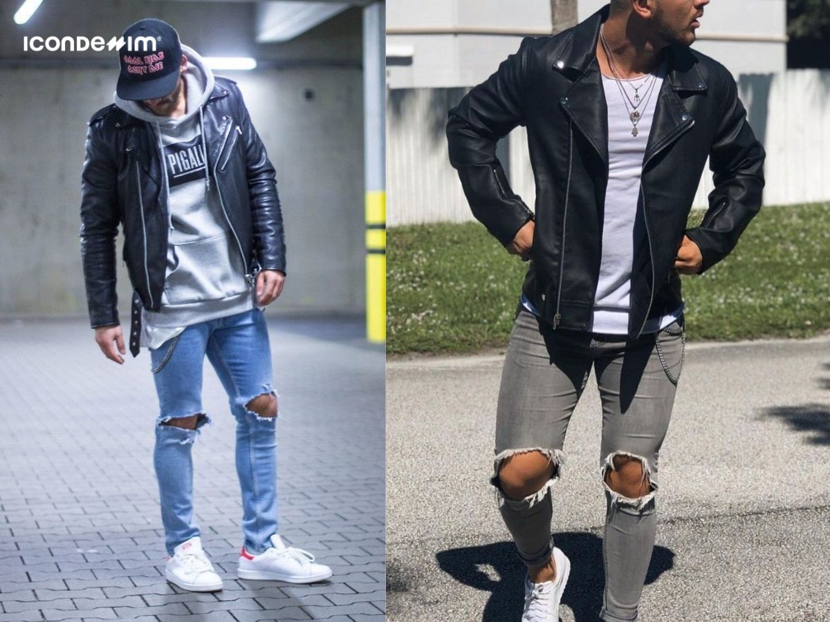 Phối quần jean nam ôm rách gối cùng áo da