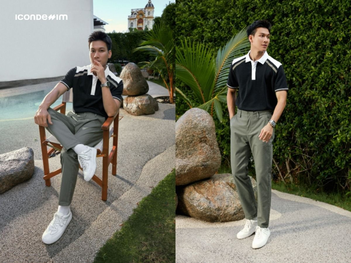 Phối quần kaki xám cùng áo polo