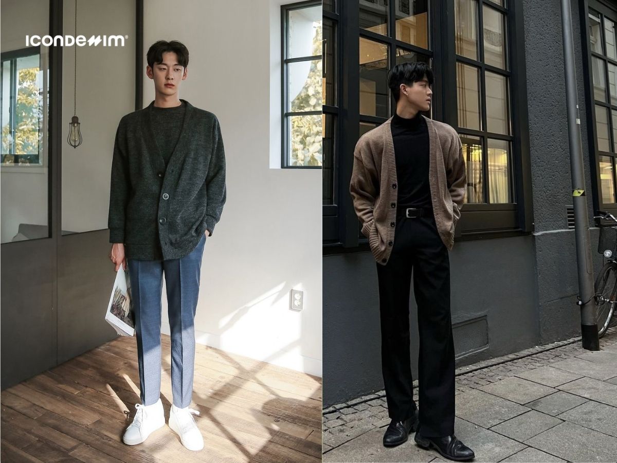 Phối đồ quần tây nam Hàn Quốc và áo khoác cardigan