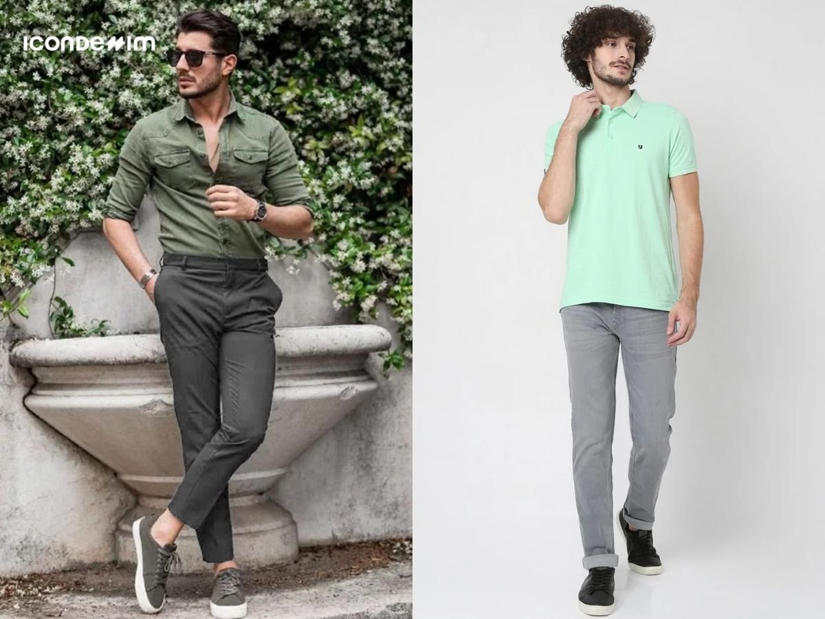 Phối quần xám với áo xanh lá giúp bạn trở nên lịch lãm hơn