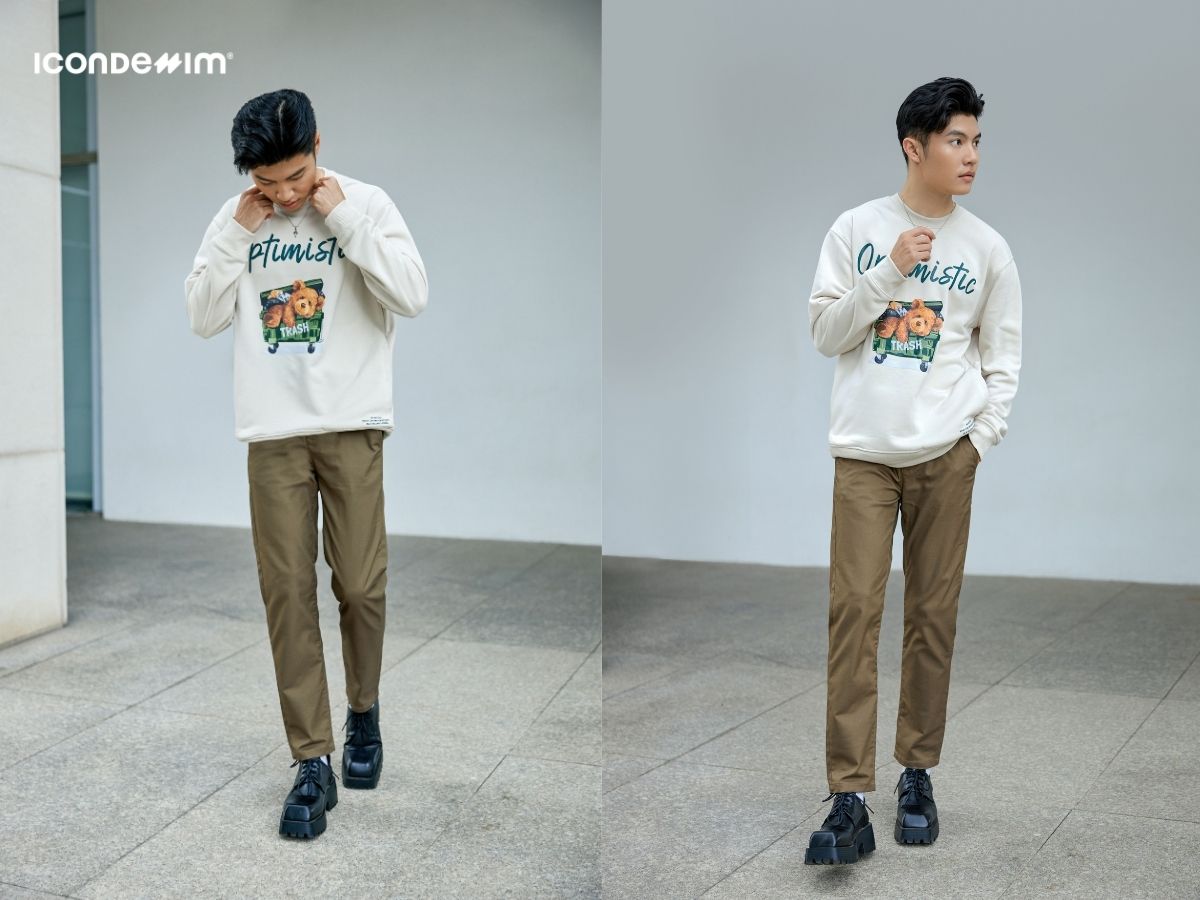 Phối đồ với áo sweatshirt với quần kaki