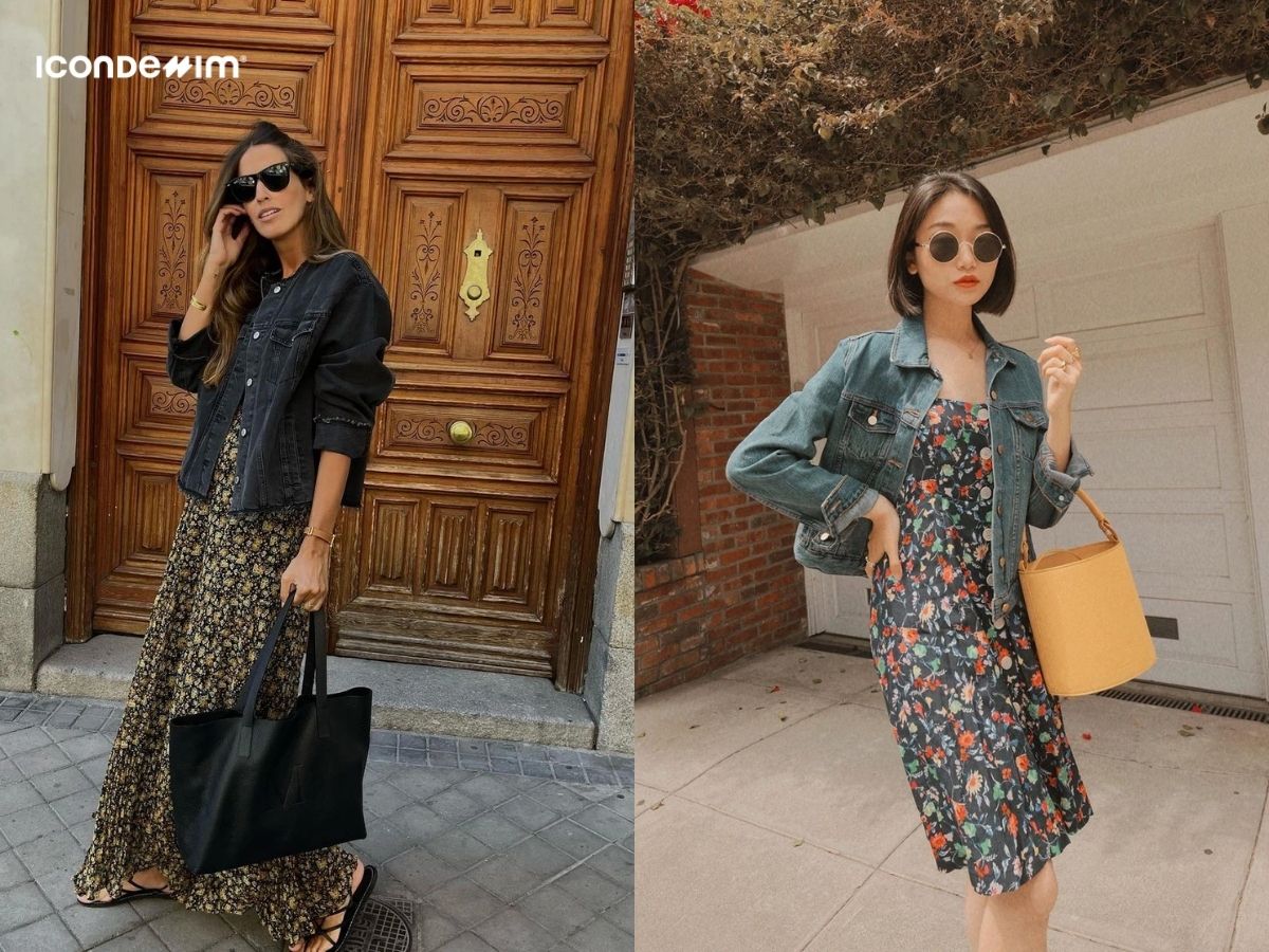 Phối váy hoa dài với áo khoác denim cực cá tính