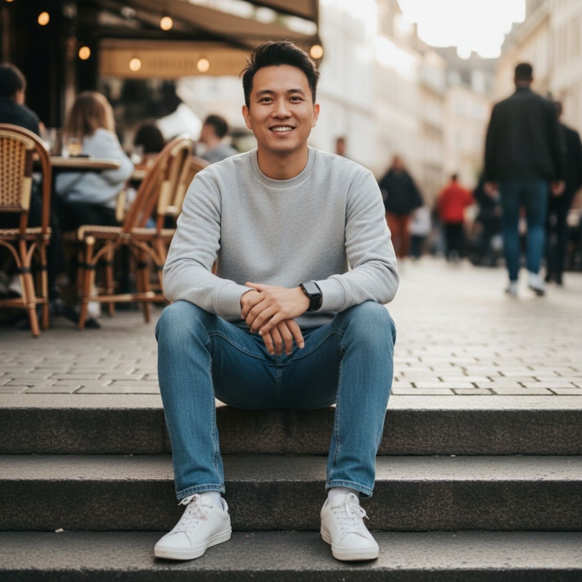 Phong cách smart casual chiều thu cho nam với quần jeans và áo sweater