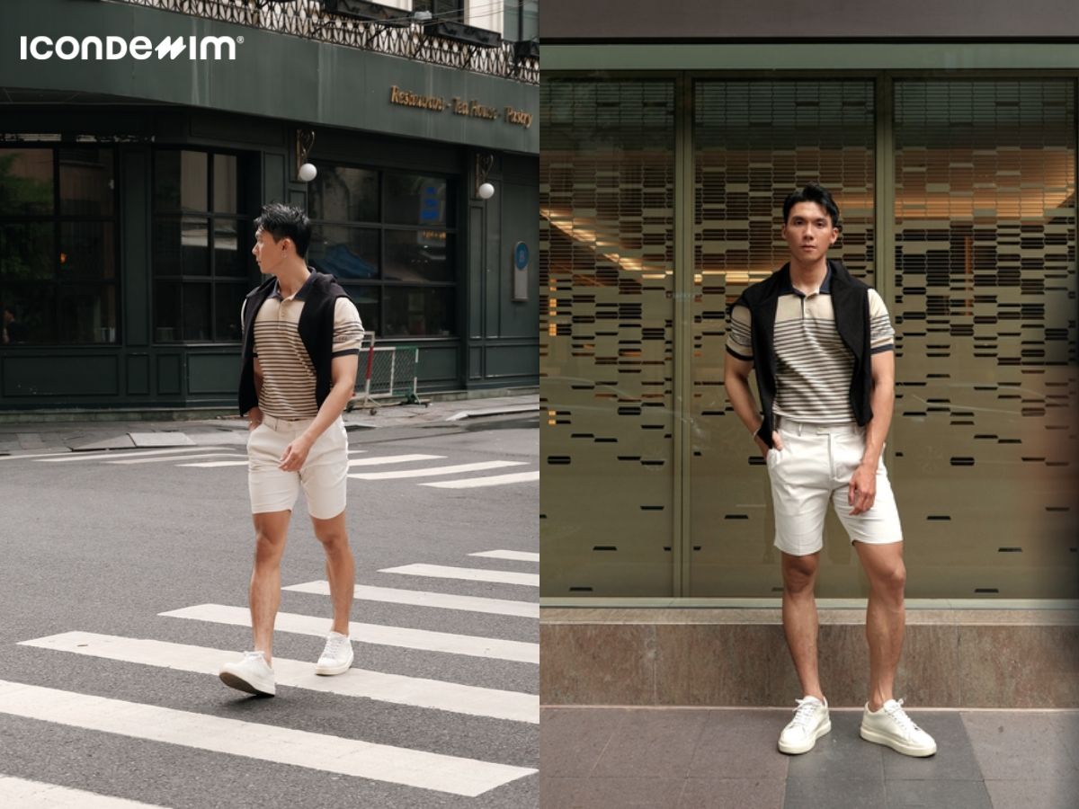 Phối áo polo vải len với quần short trẻ trung