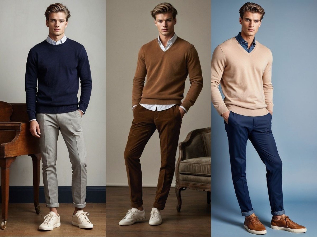 Áo sweater mặc ngoài áo sơ mi, quần kaki và giày loafer