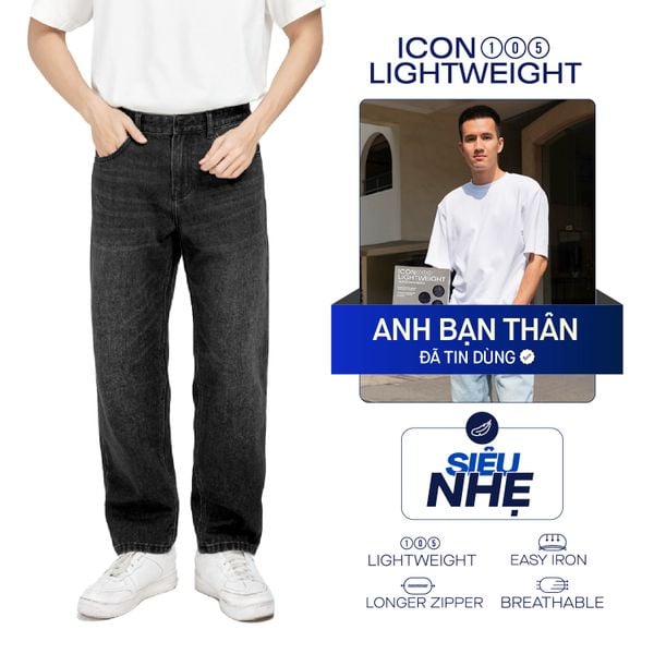Quần Jean Nam Siêu Nhẹ Ống Suông Xám Đen Trơn ICON105 Form Straight