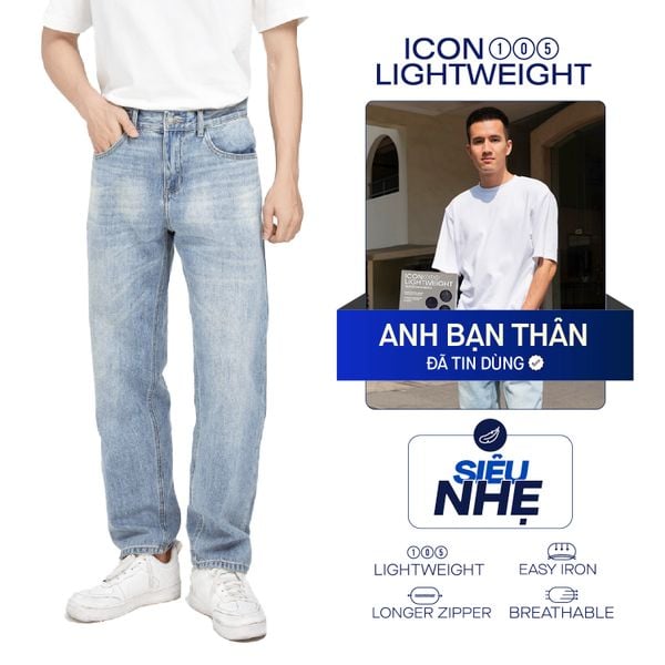 Quần Jean Nam Siêu Nhẹ Ống Suông Xanh Nhạt ICON105 Form Straight