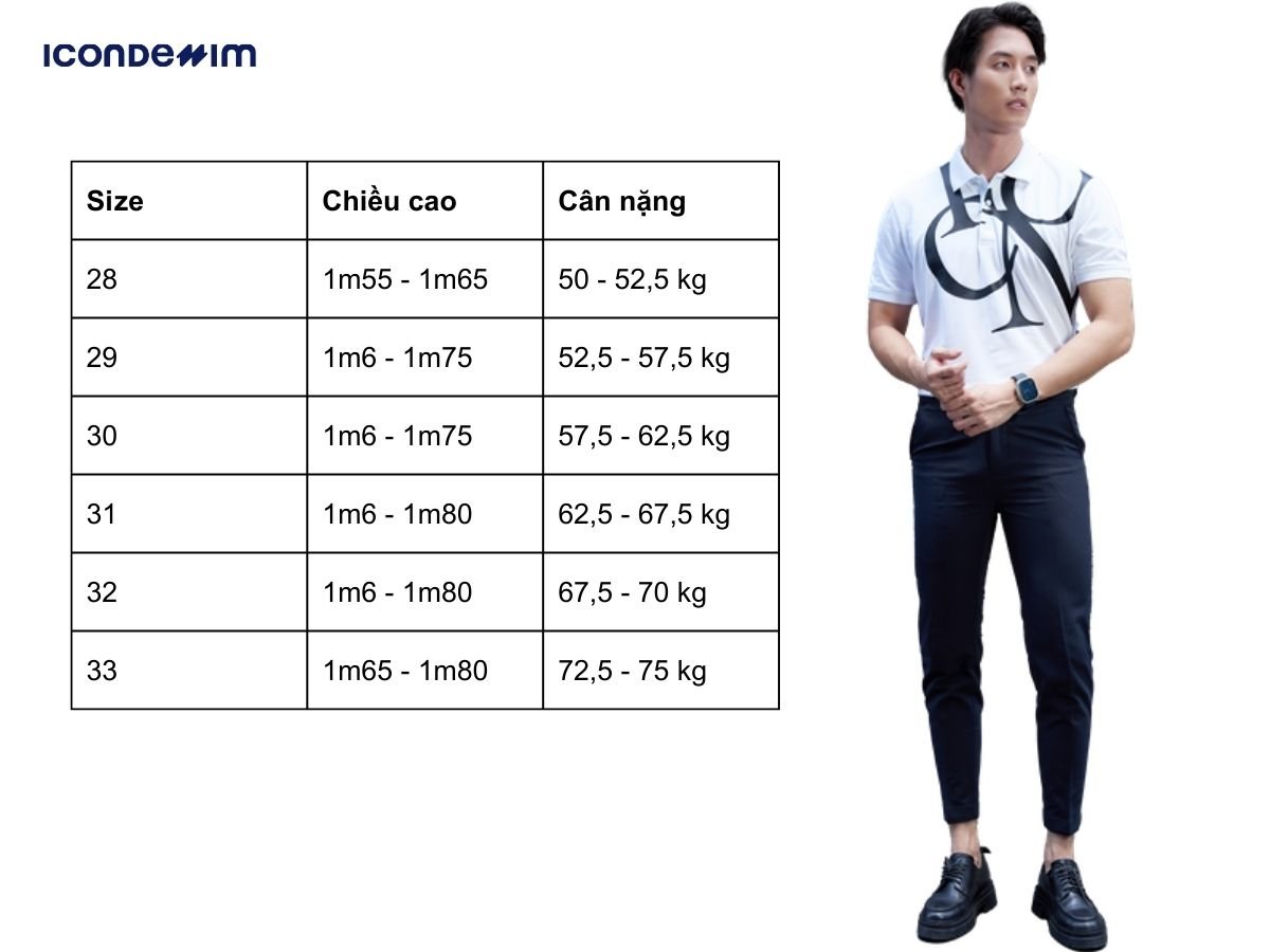 Bảng size quần âu chuẩn theo cân nặng, chiều cao