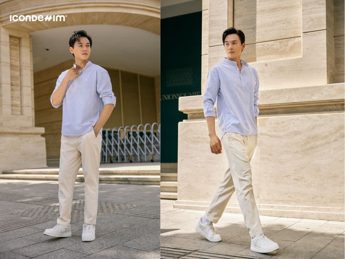 Quần chinos phối áo sơ mi họa tiết