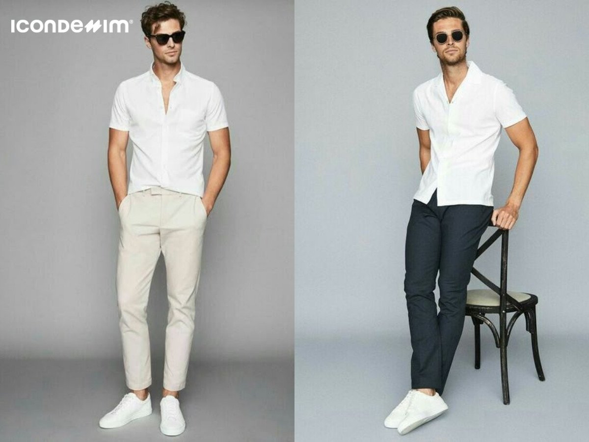 Phối áo sơ mi tay ngắn với quần chinos