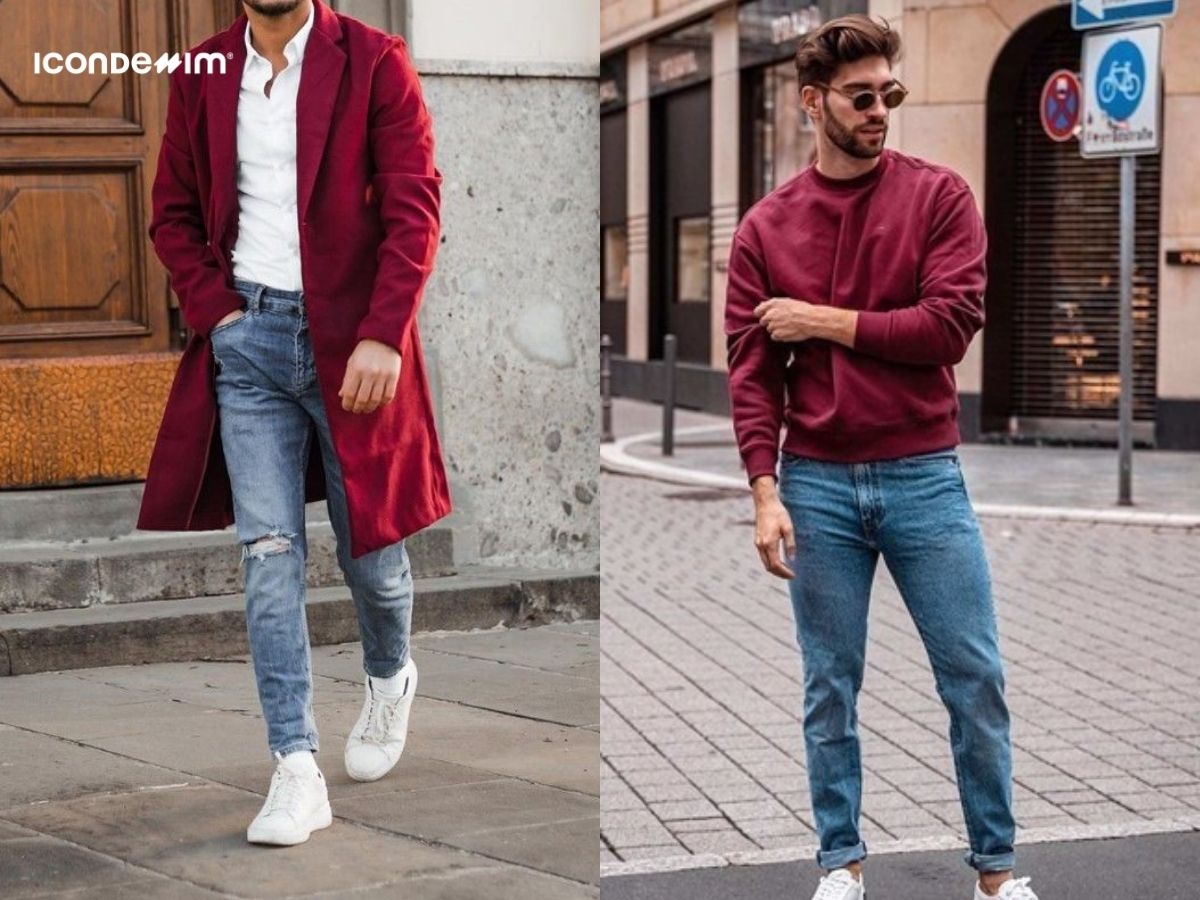 Quần jeans xanh và đỏ đô tạo set đồ thu hút