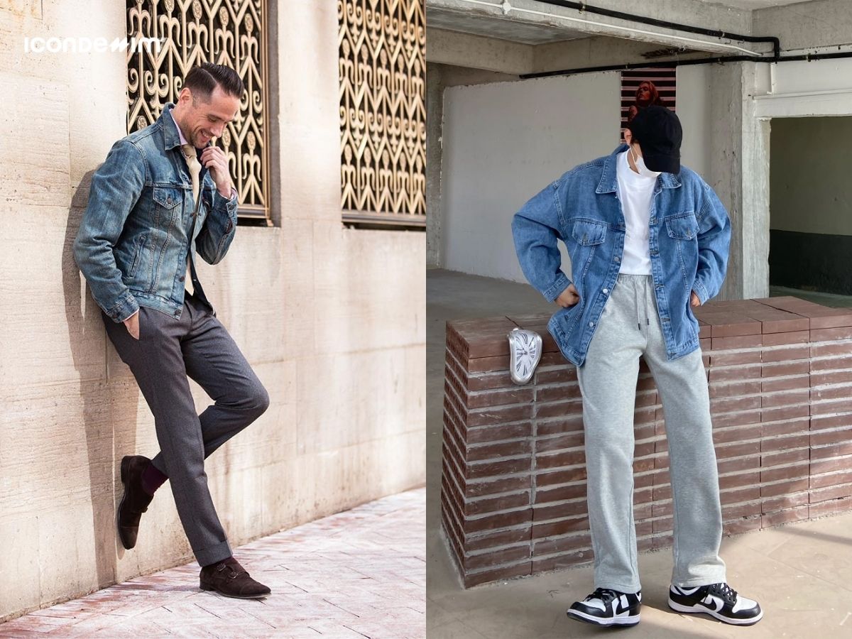 Quần ghi với áo khoác denim tạo thành set đồ cực cool