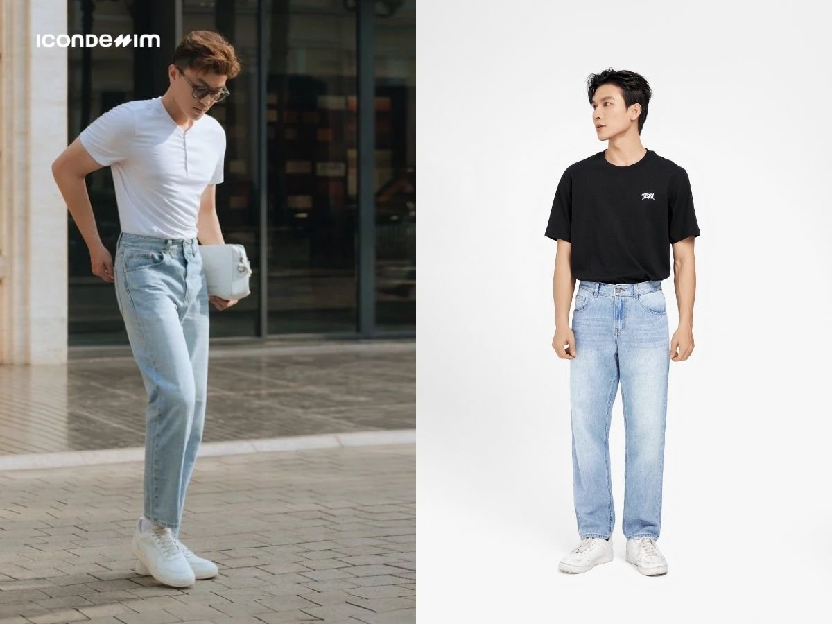 Quần Jeans ống rộng với áo thun trơn là outfit hoàn hảo để bạn dạo phố cùng bạn bè