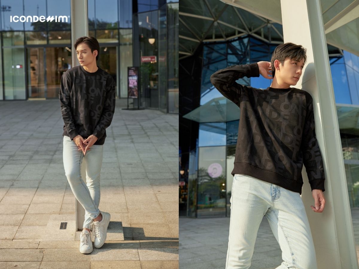 Quần jeans xanh nhạt phối áo đen tạo sự nổi bật