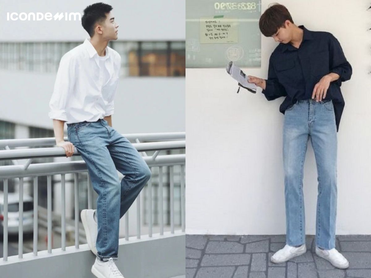 Phối quần jean áo sơ mi cho người cao gầy