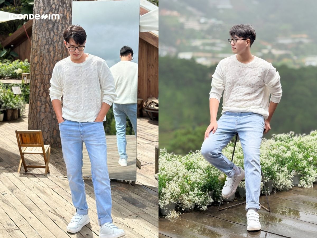 Quần jeans phối với áo sweater trắng