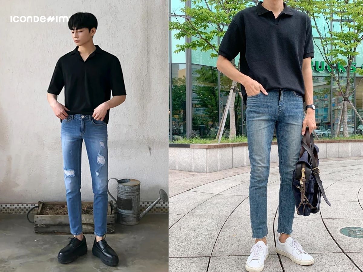 Quần jeans ôm phối áo polo