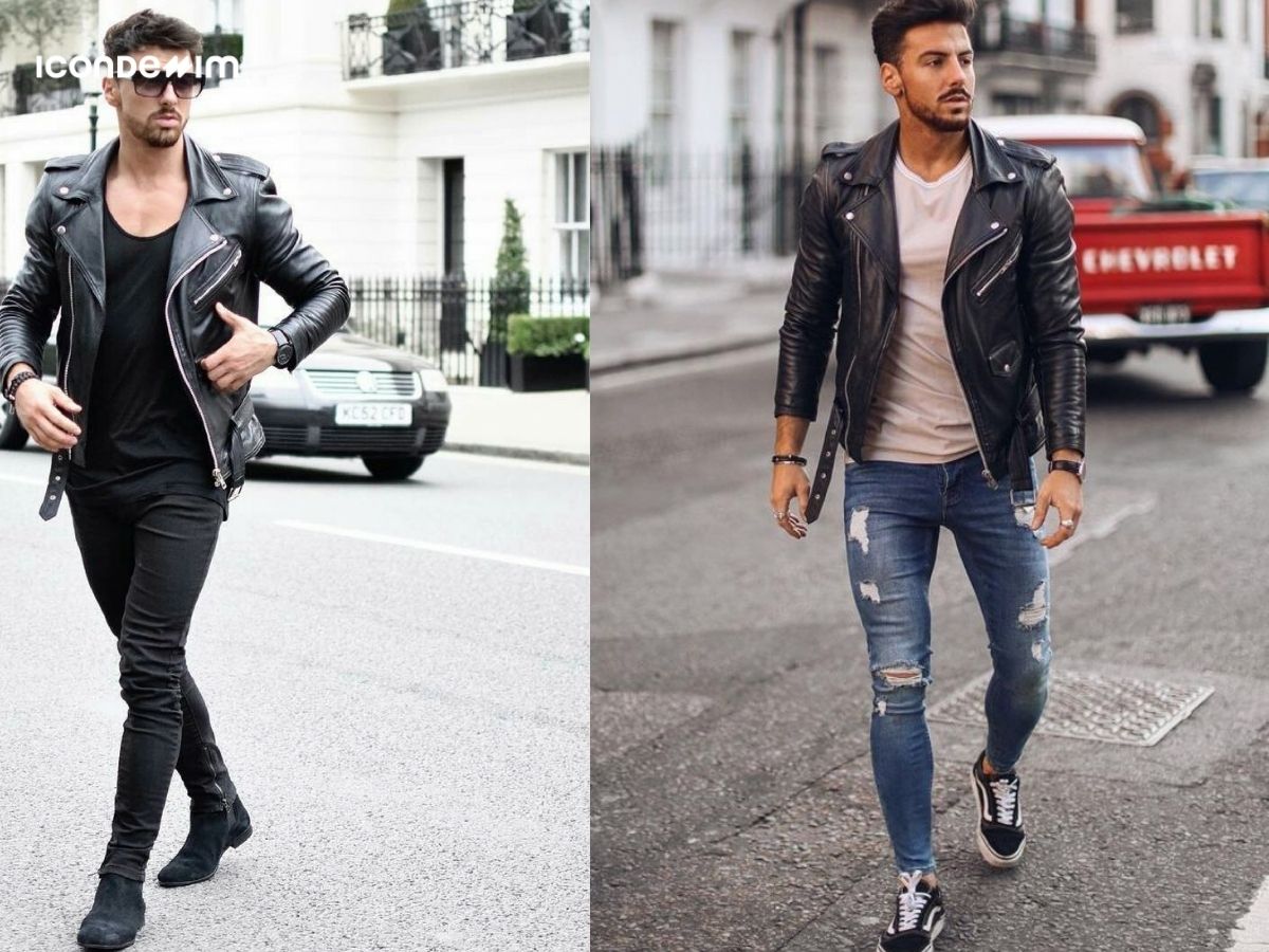 Quần jeans ống ôm và áo khoác da