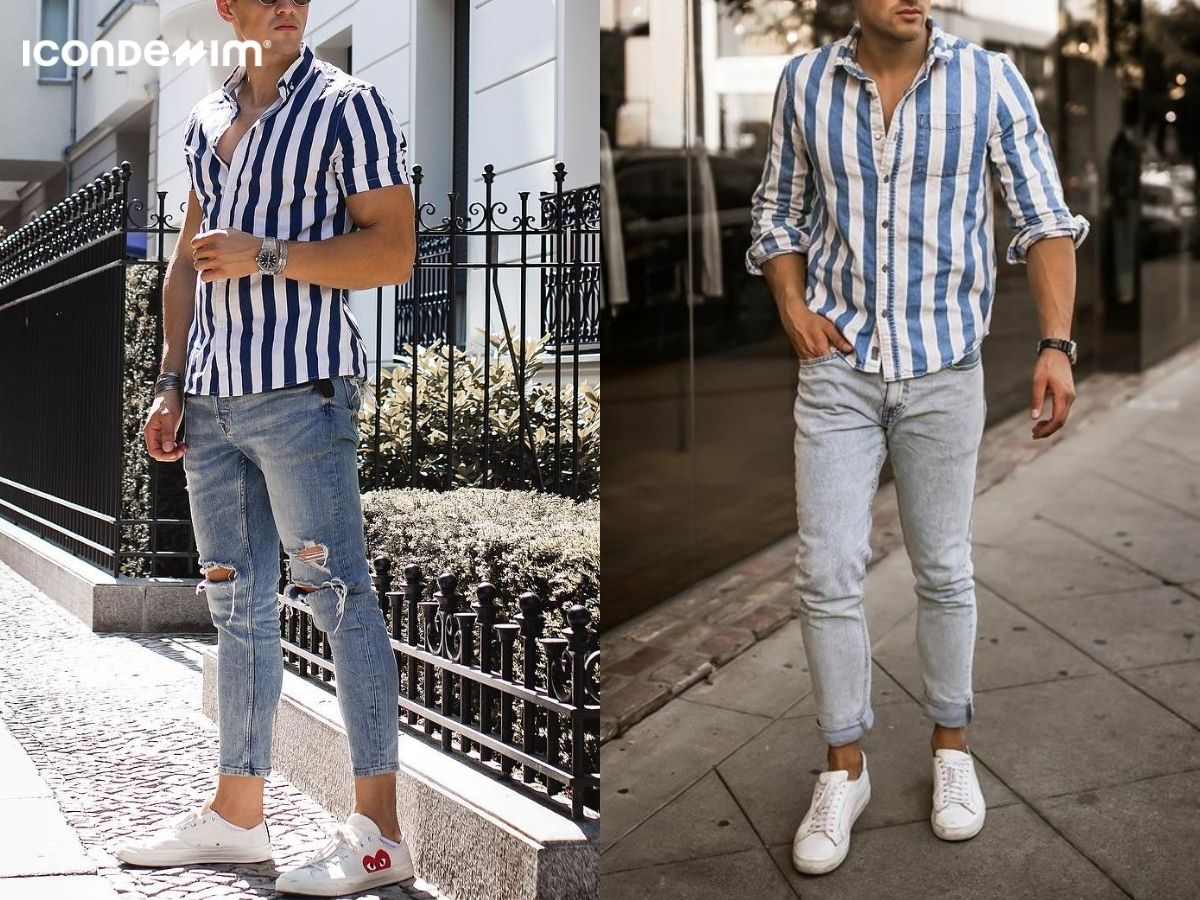 Quần jean phối áo sơ mi kẻ sọc