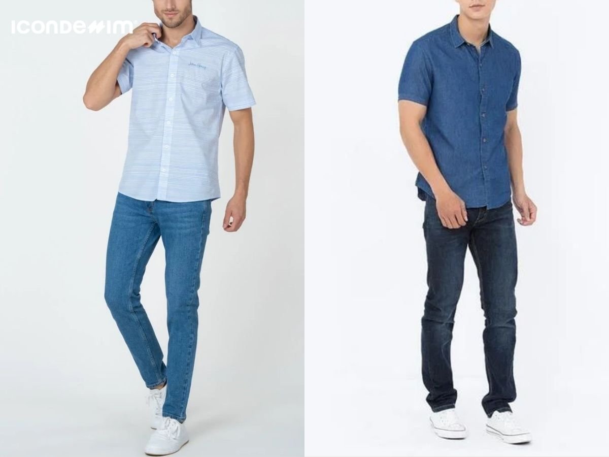Quần jean phối áo sơ mi tay ngắn