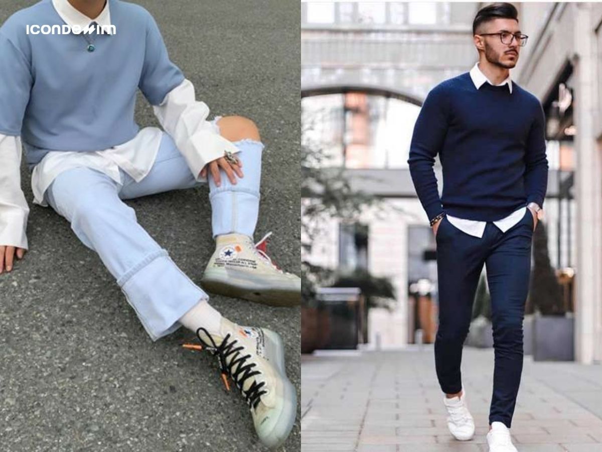 Quần jeans với áo sơ mi và sweater