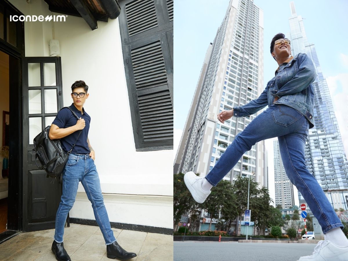 Quần jeans xanh và áo xanh tạo hiệu ứng thời trang