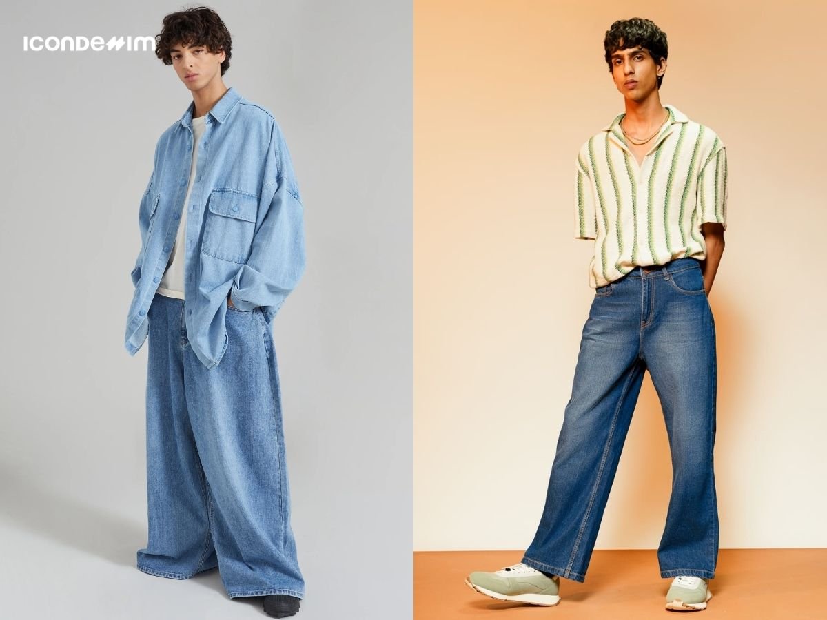 Quần jeans xanh ống rộng tạo cảm giác thoải mái