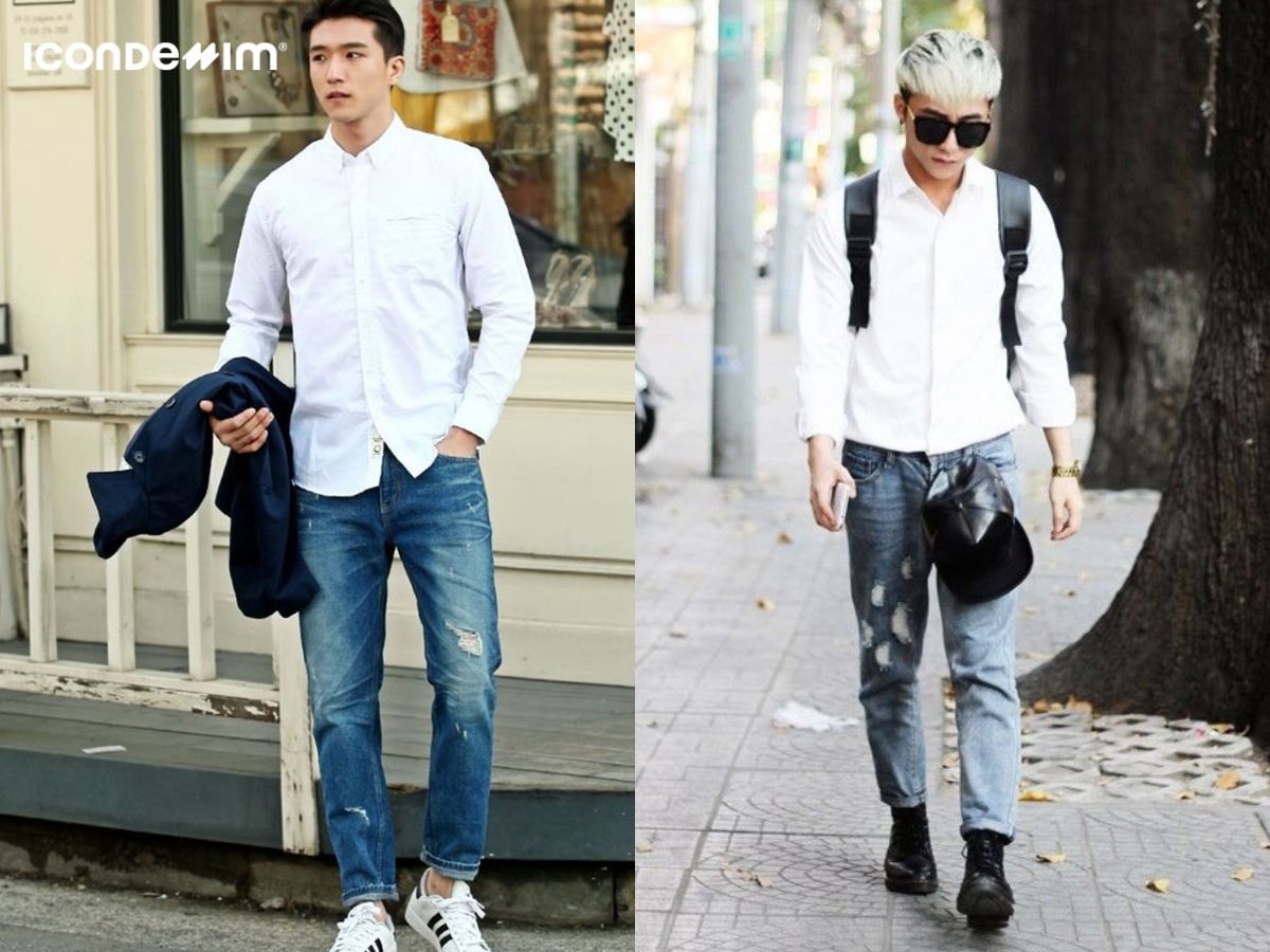 Bộ đôi quần jean xanh và áo sơ mi trắng