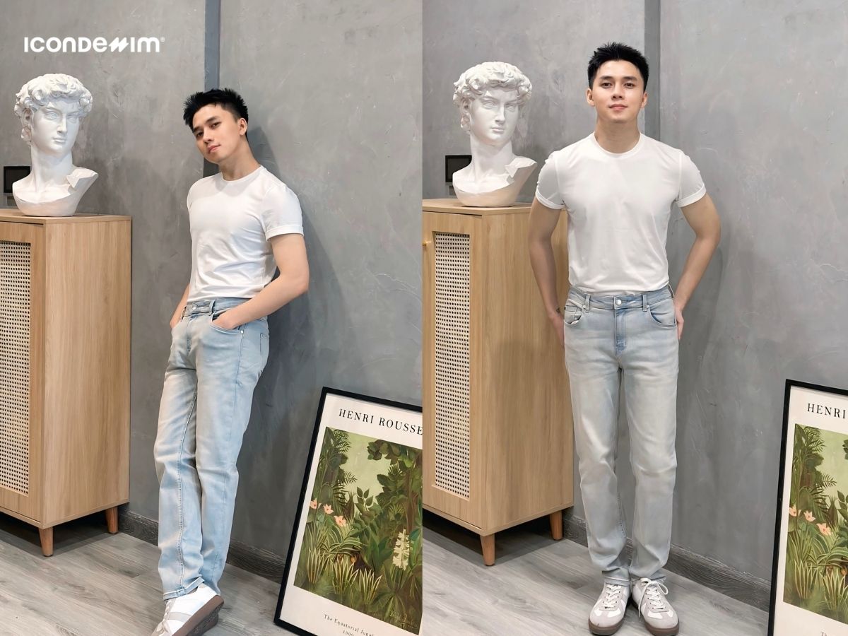 Quần jeans xanh và áo thun trắng tạo vẻ ngoài thanh lịch