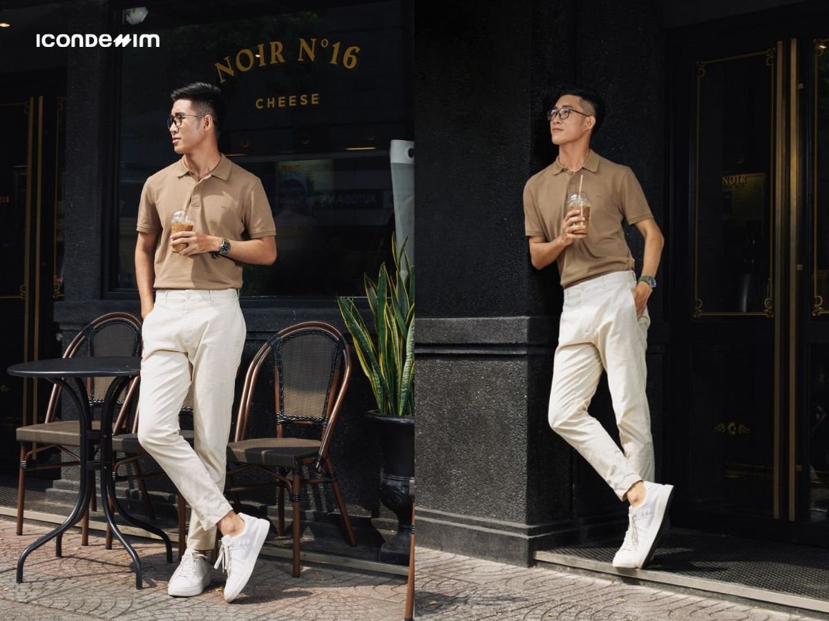 Phối quần kaki màu be cùng áo polo màu nâu
