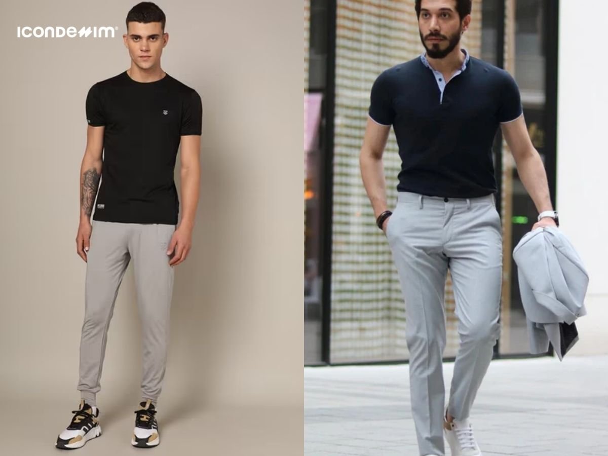 Quần màu ghi mặc với áo thun đen tạo vẻ ngoài lịch lãm