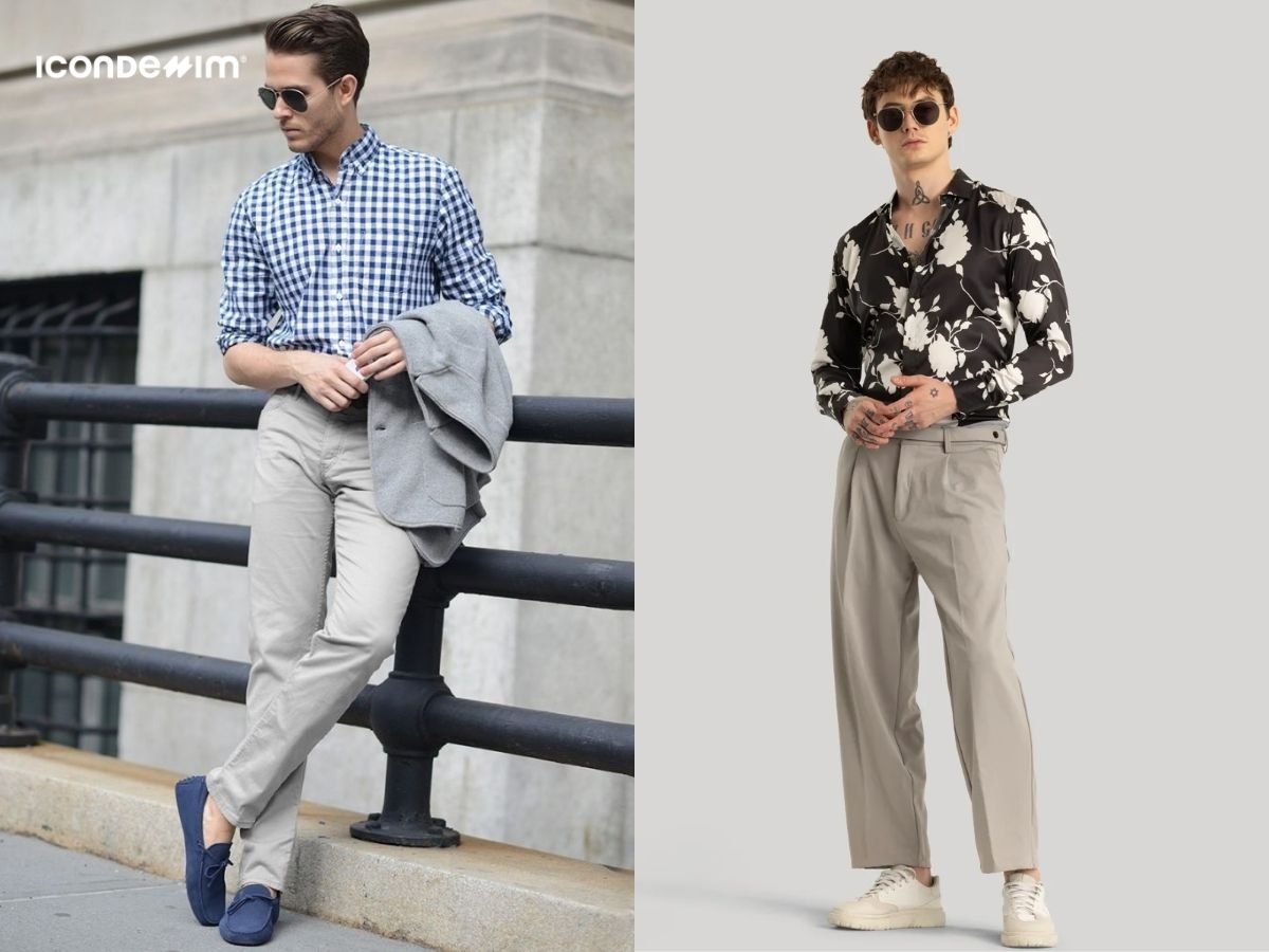 Phối quần màu ghi với áo sơ mi họa tiết độc đáo