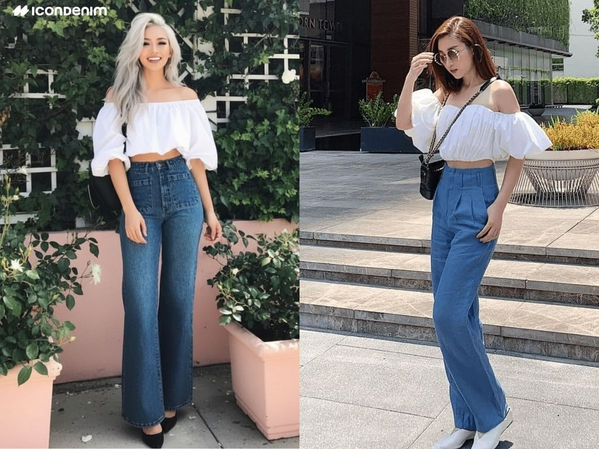 Áo trễ vai bèo nhún cùng quần jeans ống loe