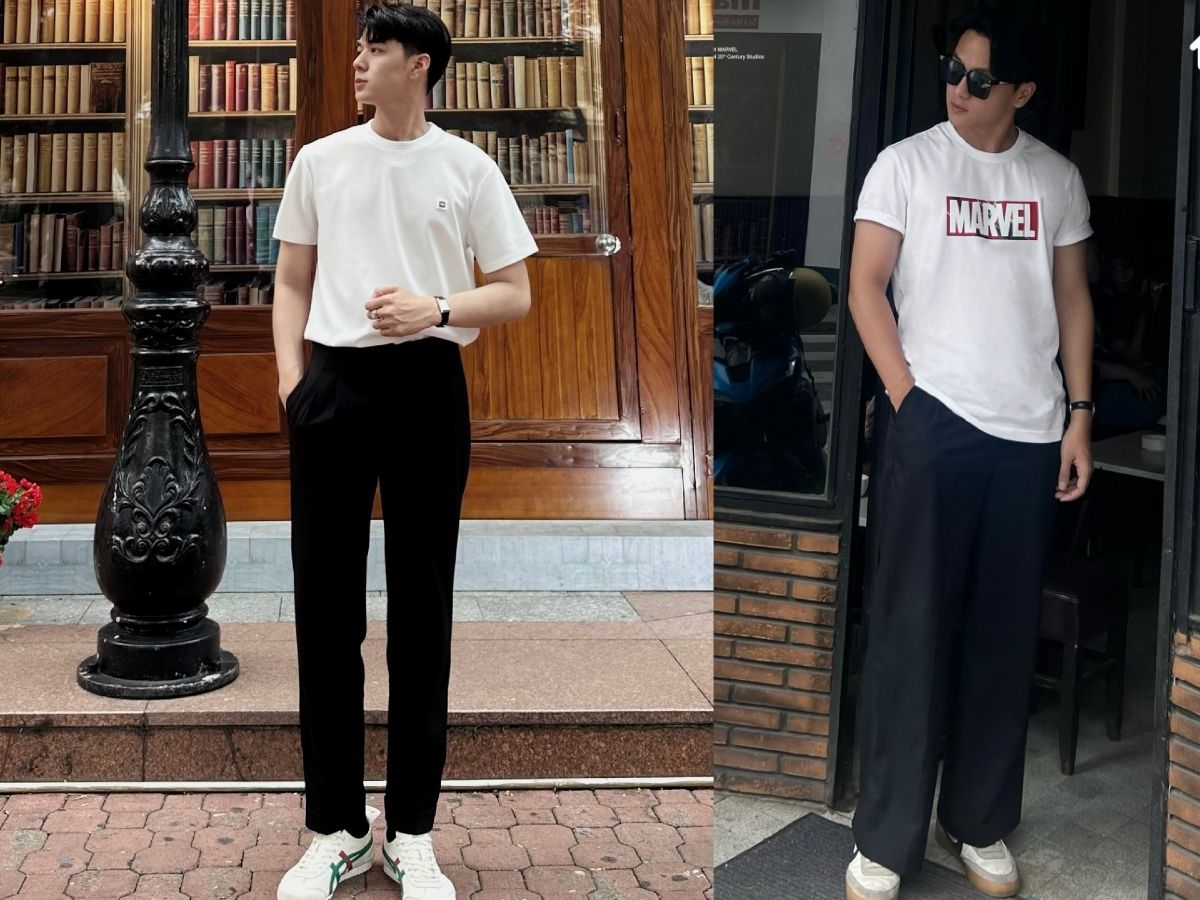 Phối áo sơ mi trắng basic với quần trouser đen