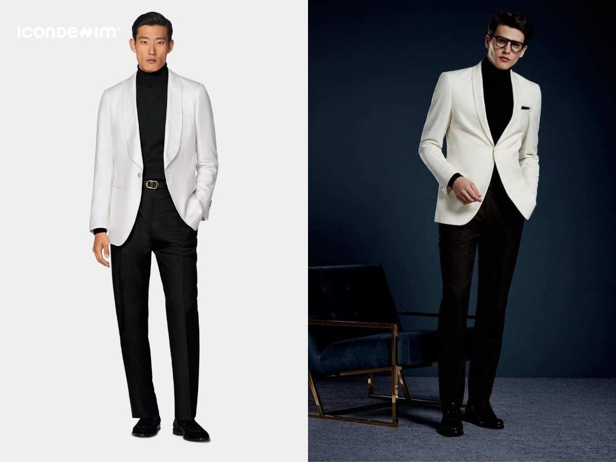 Áo blazer trắng, áo len cổ lọ đen