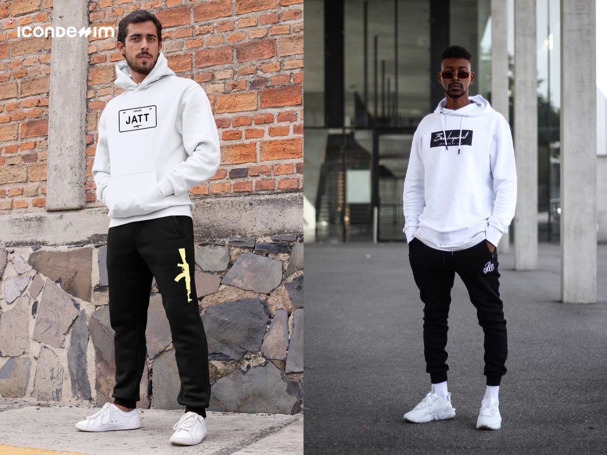 Áo hoodie trắng phối với quần jogger đen