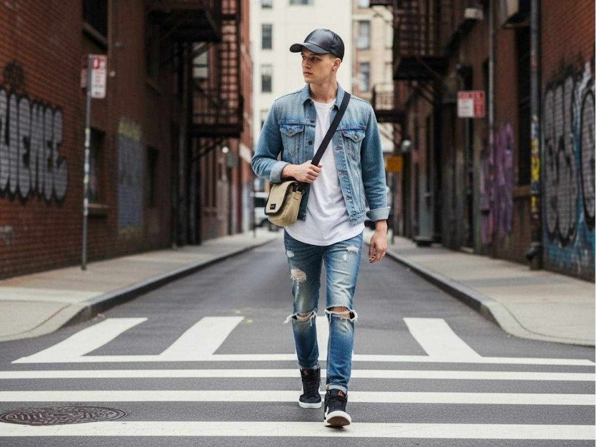 Retro street style denim on denim
