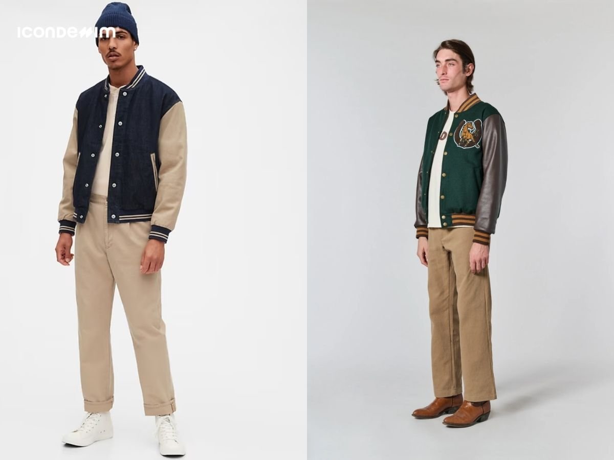 Phối áo Varsity với áo thun và quần kaki