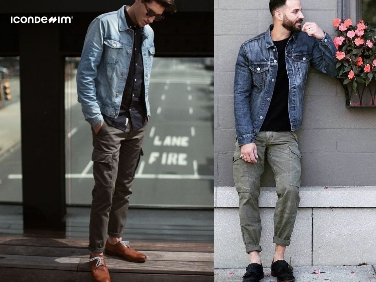 Phối áo denim với áo sơ mi, áo thun bên trong và quần cargo